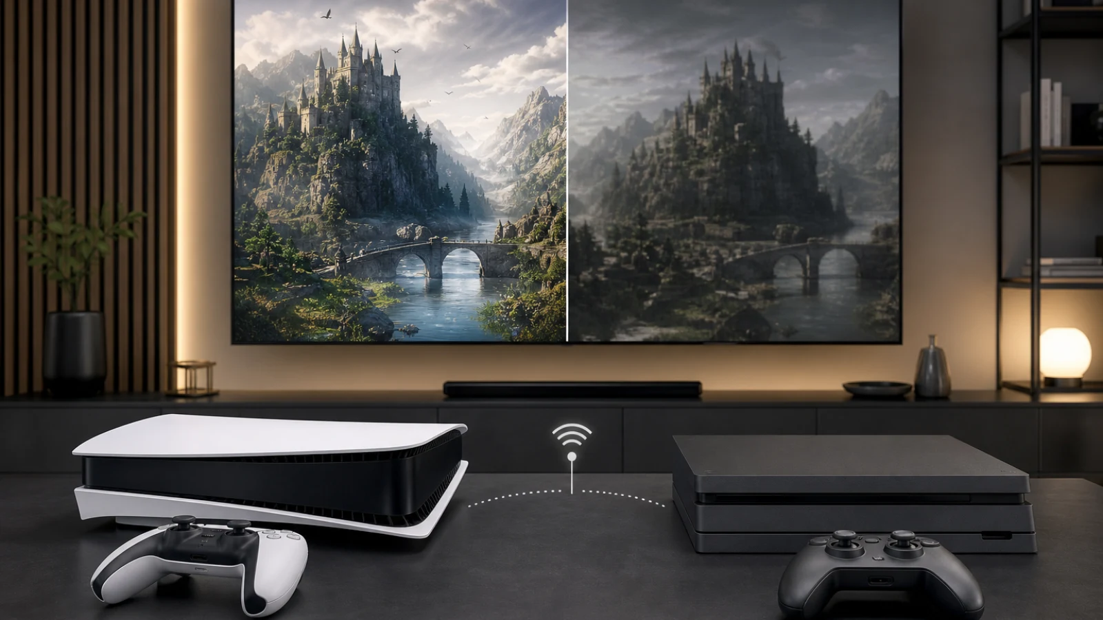Two unbranded game consoles representing a standard model and a more powerful premium model beside a television showing contrasting game-detail levels.