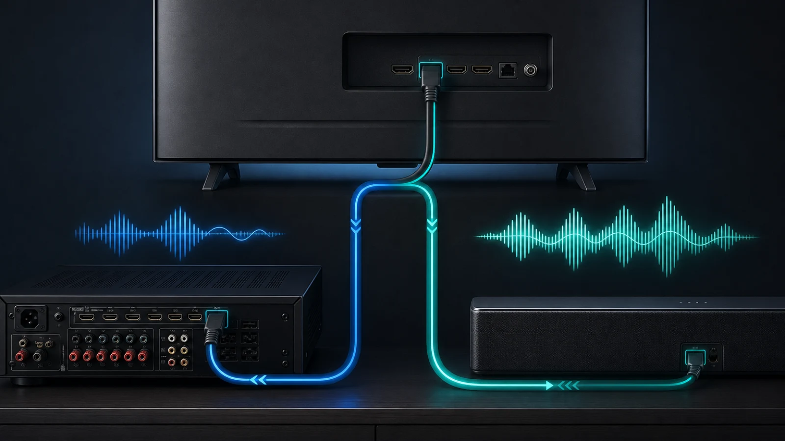Editorial illustration comparing HDMI ARC and eARC connections between a television and home audio system