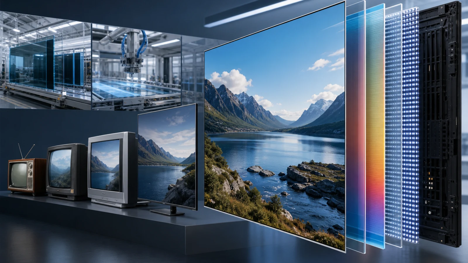 Cutaway editorial illustration of a modern large-screen LCD television showing its Mini LED backlight and panel layers