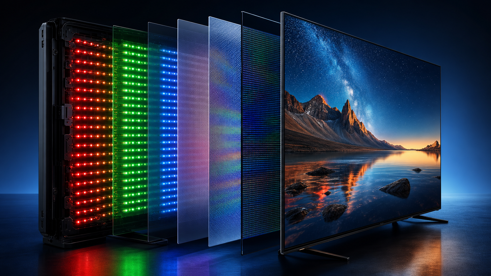 Cutaway illustration of an advanced RGB Mini LED television showing colored backlight zones behind an LCD panel