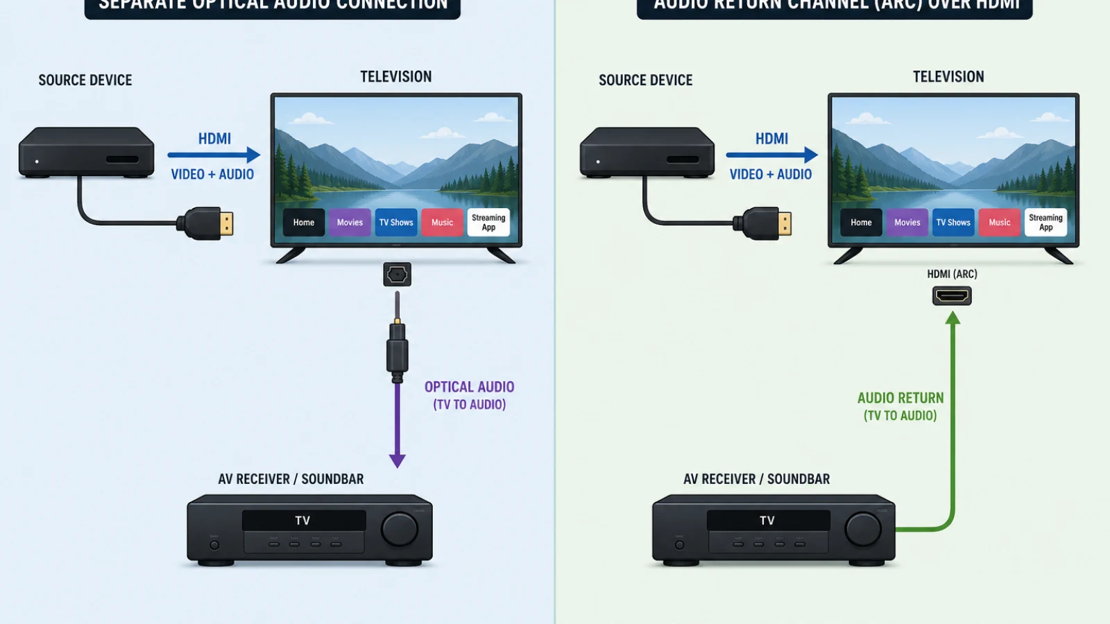 Two signal-flow diagrams compare a separate audio cable with HDMI ARC returning TV audio through the HDMI cable.