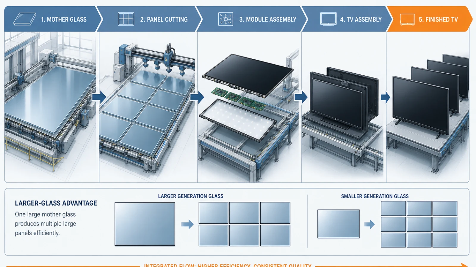 Flow diagram showing large mother glass divided into LCD panels, assembled into display modules and installed in finished televisions.