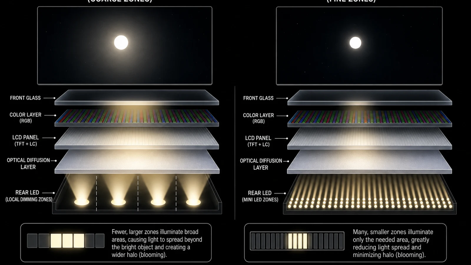 Cutaway comparison of a coarse LED-backlit LCD and a Mini LED LCD showing how smaller dimming zones control light more precisely.