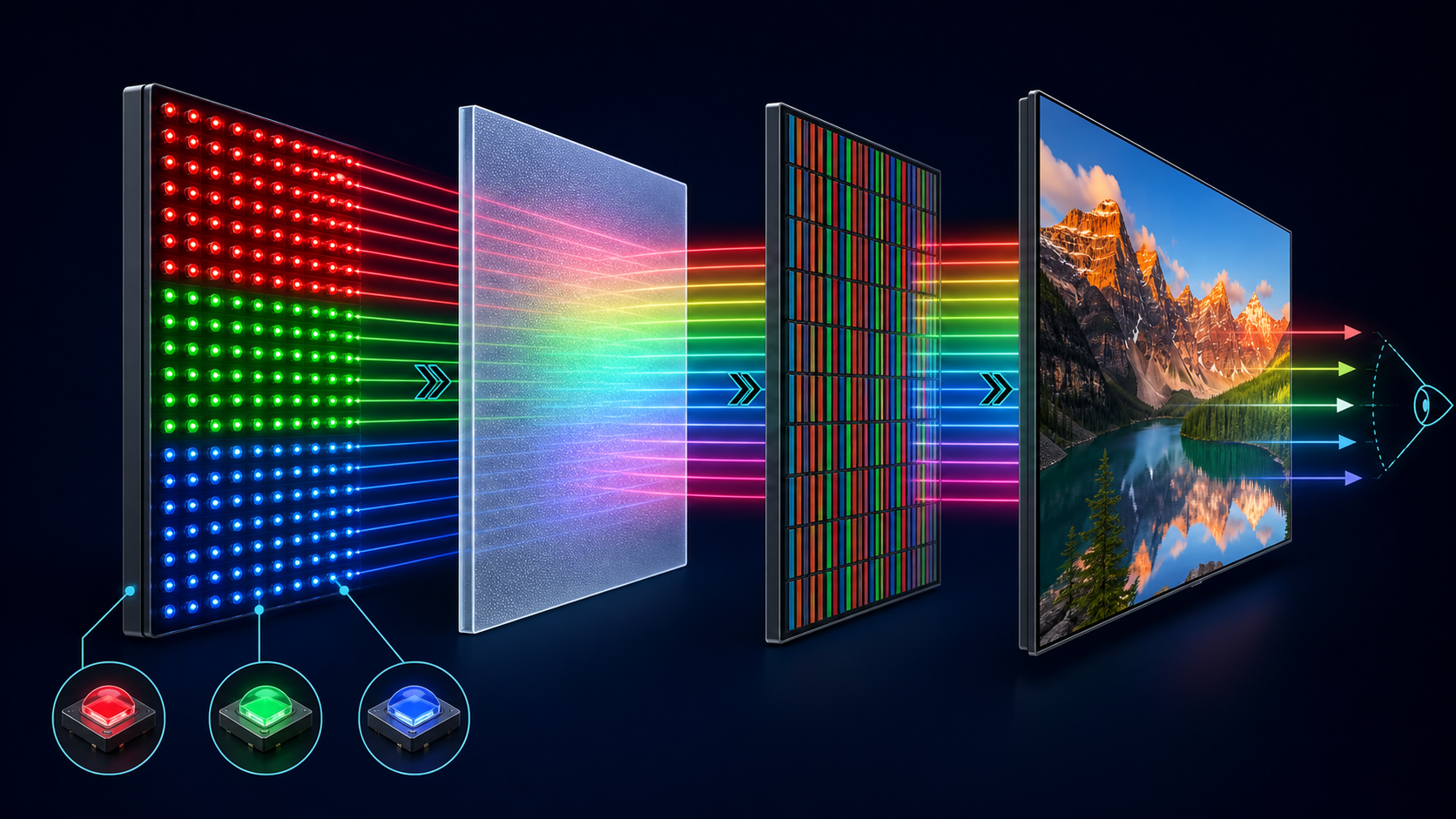 Diagram showing red, green, and blue Mini LEDs passing through diffusion and an LCD panel to create a full-color image